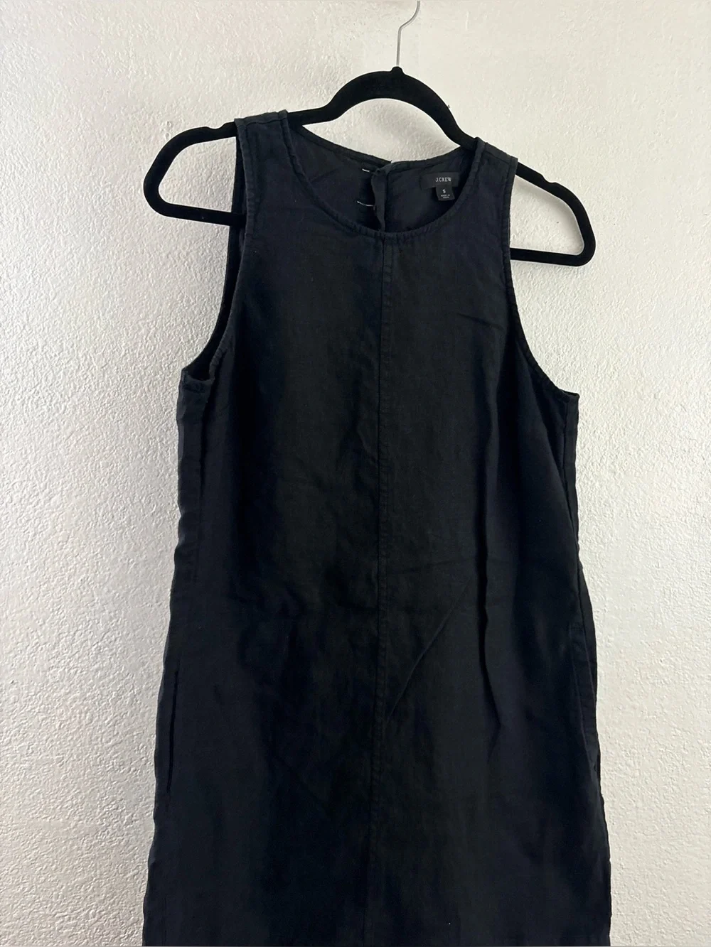 J.Crew sleeveless black shift dress with a high round neckline 100% linen size S